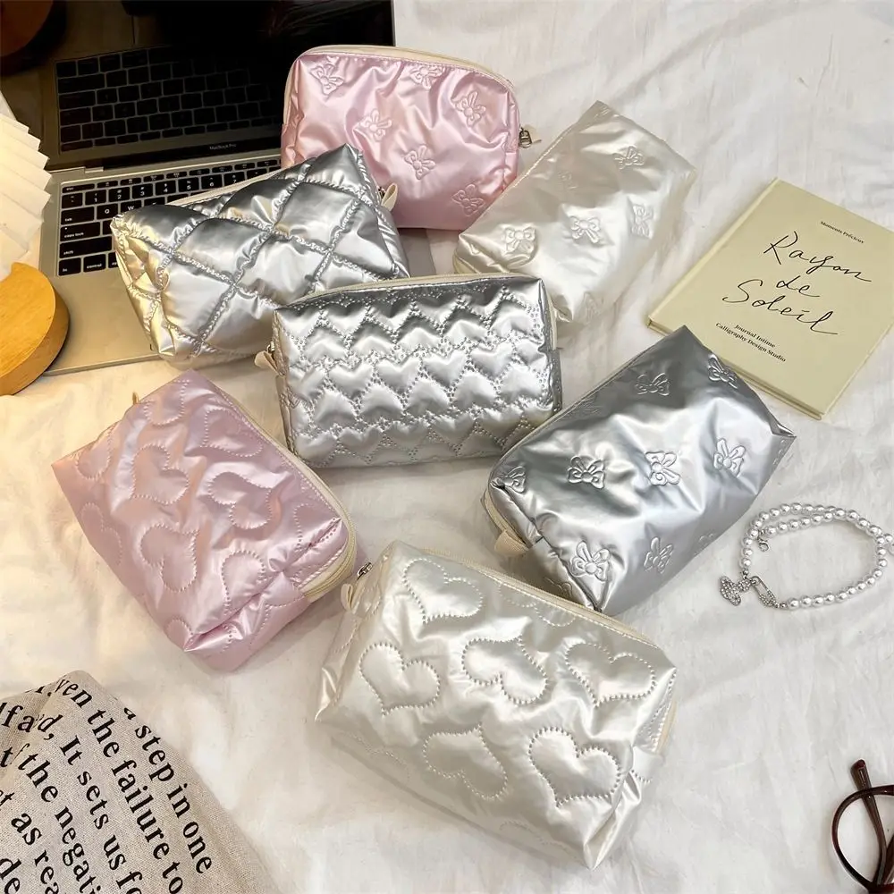 Love Rhombus Shape Silver Cosmetic Bag Korean Style Bow Small Item Bag PU Storage Cloth Bag Stuffed Cotton Storage Bag Women