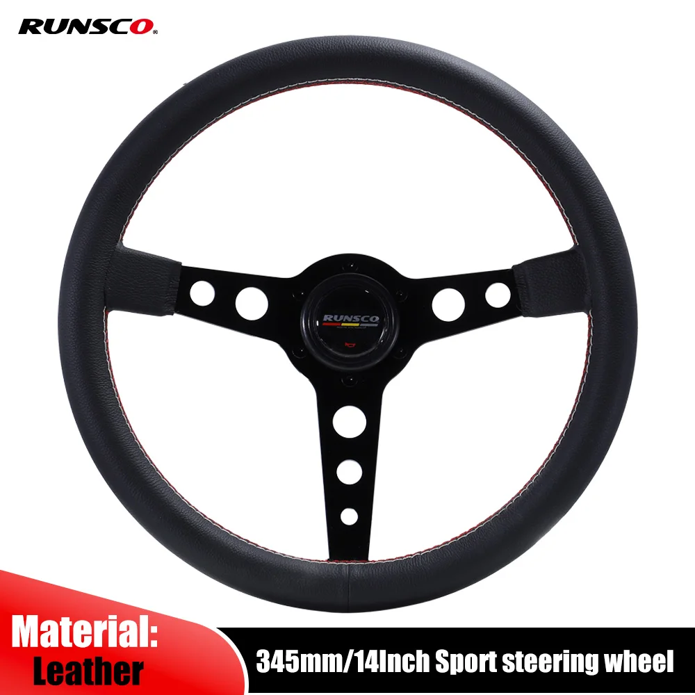 

14Inch Steering Wheel 345mm Flat Genuine Leather Black Drift Racing Steering Wheel with Horn Button PCD=70mm