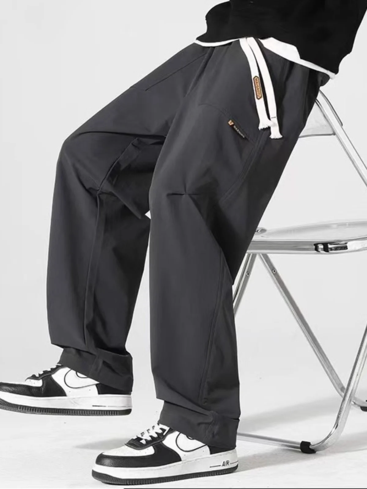 

Мужские летние тонкие прямые брюки в американском стиле из ледяного шелка, свободные повседневные спортивные длинные брюки больших размеров из полиэфирного волокна