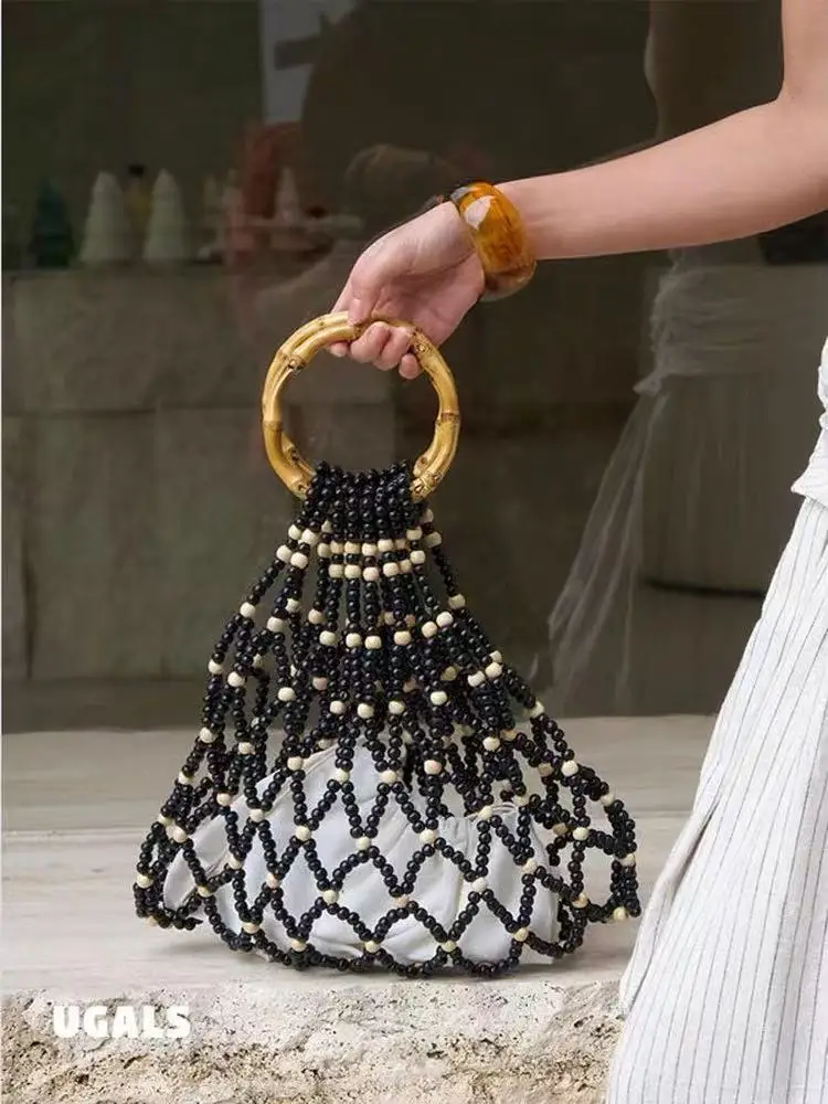 Bolso de cubo de moda con cuentas de madera, diseño calado y tejido artesanal, para mujer, de lujo, tipo clutch y bandolera