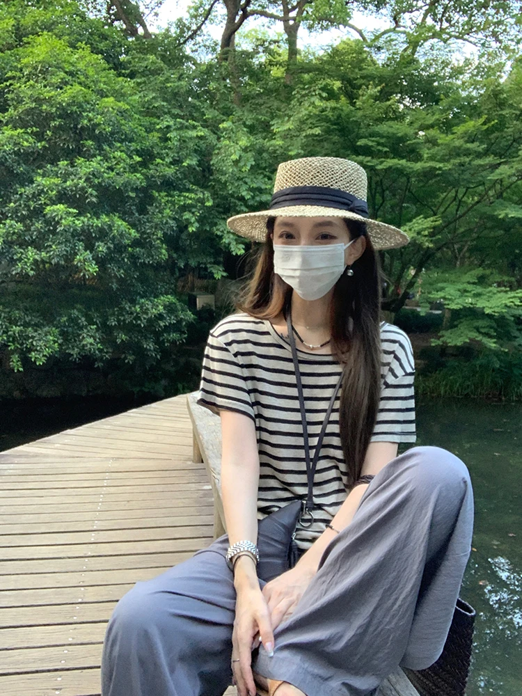 

Легкая и удобная женская футболка из льна в полоску с коротким рукавом, дышащая, для лета и повседневной носки