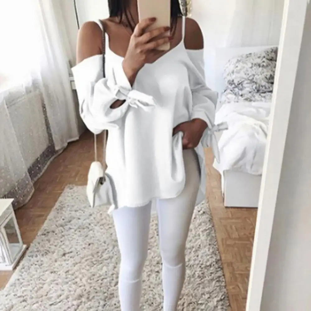 Sexy Women Sling Long Sleeve Blouse Loose Shirt Plus Size Solid Color Off Shoulder Sexy Knotted Comfortable