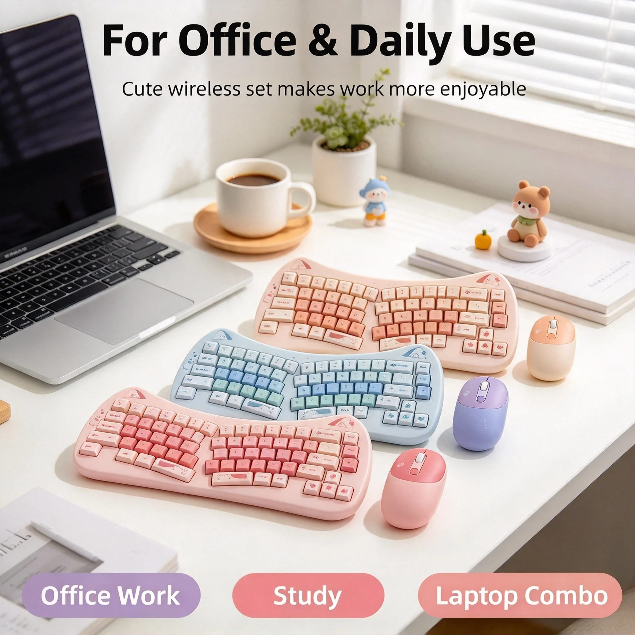 66Keys 2.4G Wireless Ergonomic Design Cut Cat Keyboard And Mouse Combo Office Stylish Slient Click PC Keyboard Set For Computer