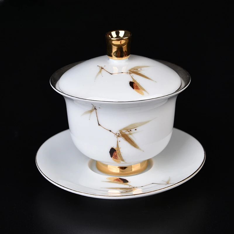 

180ml Pure Gilded Silver Gaiwan Creative Hand Painted Sheep Fat Jade Cup Saucer Tea Tureen Tea Brewing Cover Bowl Teaware Craft