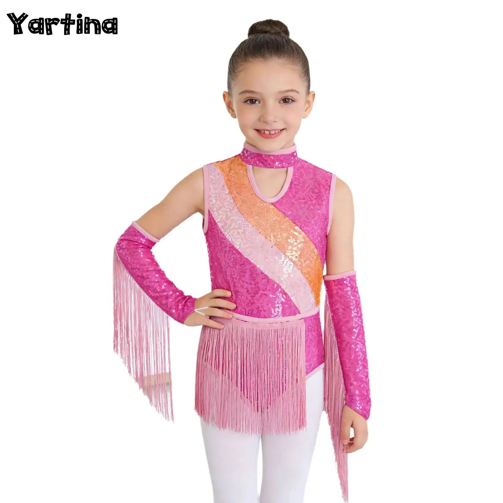 

Детский костюм для латиноамериканских танцев, джаза, гимнастики, фигурного катания, с бахромой, пайетками, леотард с отверстиями для пальцев и перчатками с бахромой