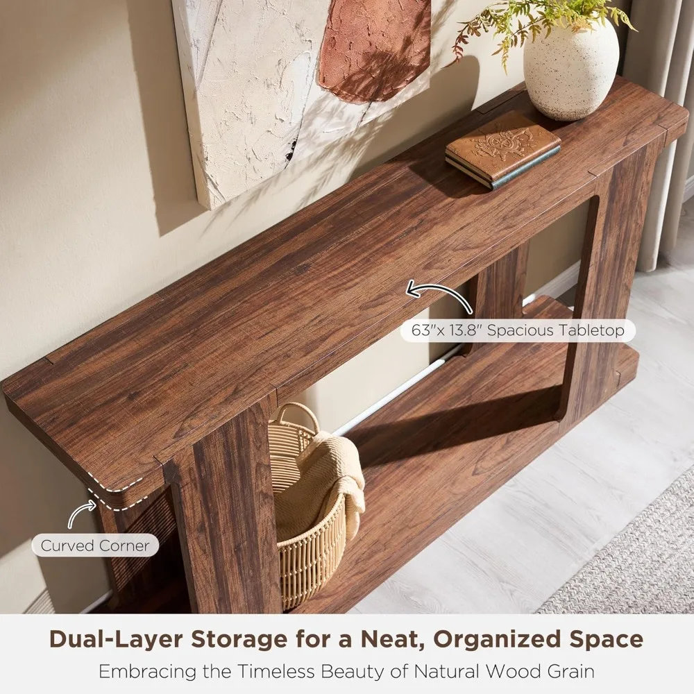طاولة وحدة تحكم للمدخل الحديثة بوصة، طاولة أريكة طويلة بطبقتين خلف الأريكة مع حافة منحنية، علامة تبويب دخول ضيقة من الخشب #4