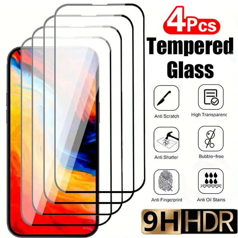 4Pcs Full Coverage Tempered Glass Screen Protector For iPhone 16 15 Pro Max 11 12 13 14 Pro Max 6 7 8 Plus X XR XS Max Glass