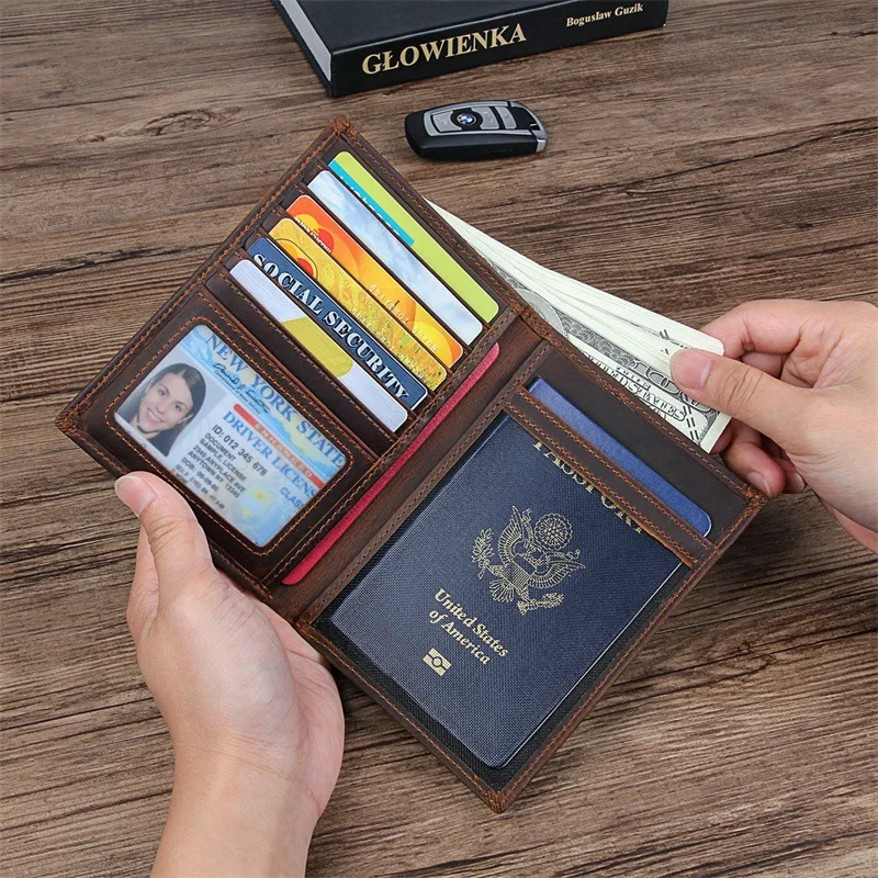 Genuine Leather Men Travel Passport Wallet for Card Design Short Wallets with Passport Holder Male Purse Coin Document Case RFID