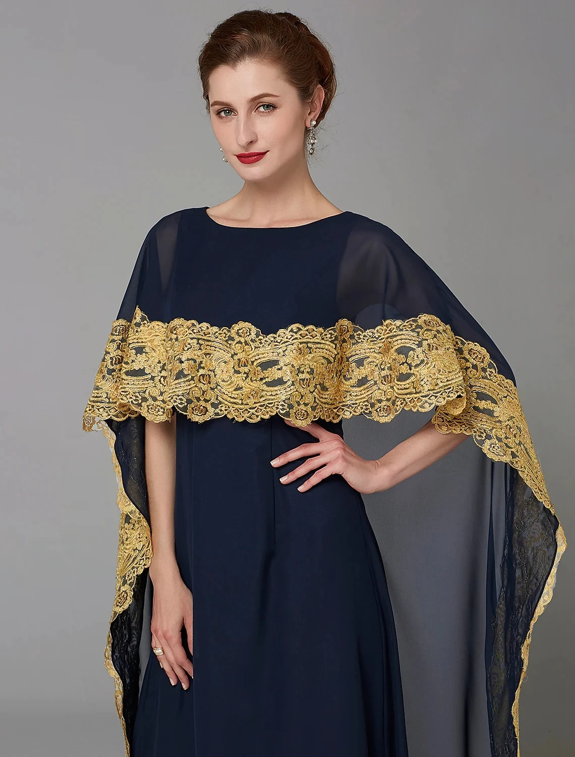 Dark Navy Moslim Avondjurk 2022 Elegant Bateau Hals Gold Kant Applicaties Chiffon Formele Prom Jassen Arabisch Vestidos De Festa