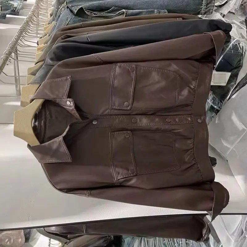 New Spring Autumn Joker PU Leather Jacket Pocket Loose Leisure Lapel Button Leather Jacket Warm And Comfortable Leisure Jacket