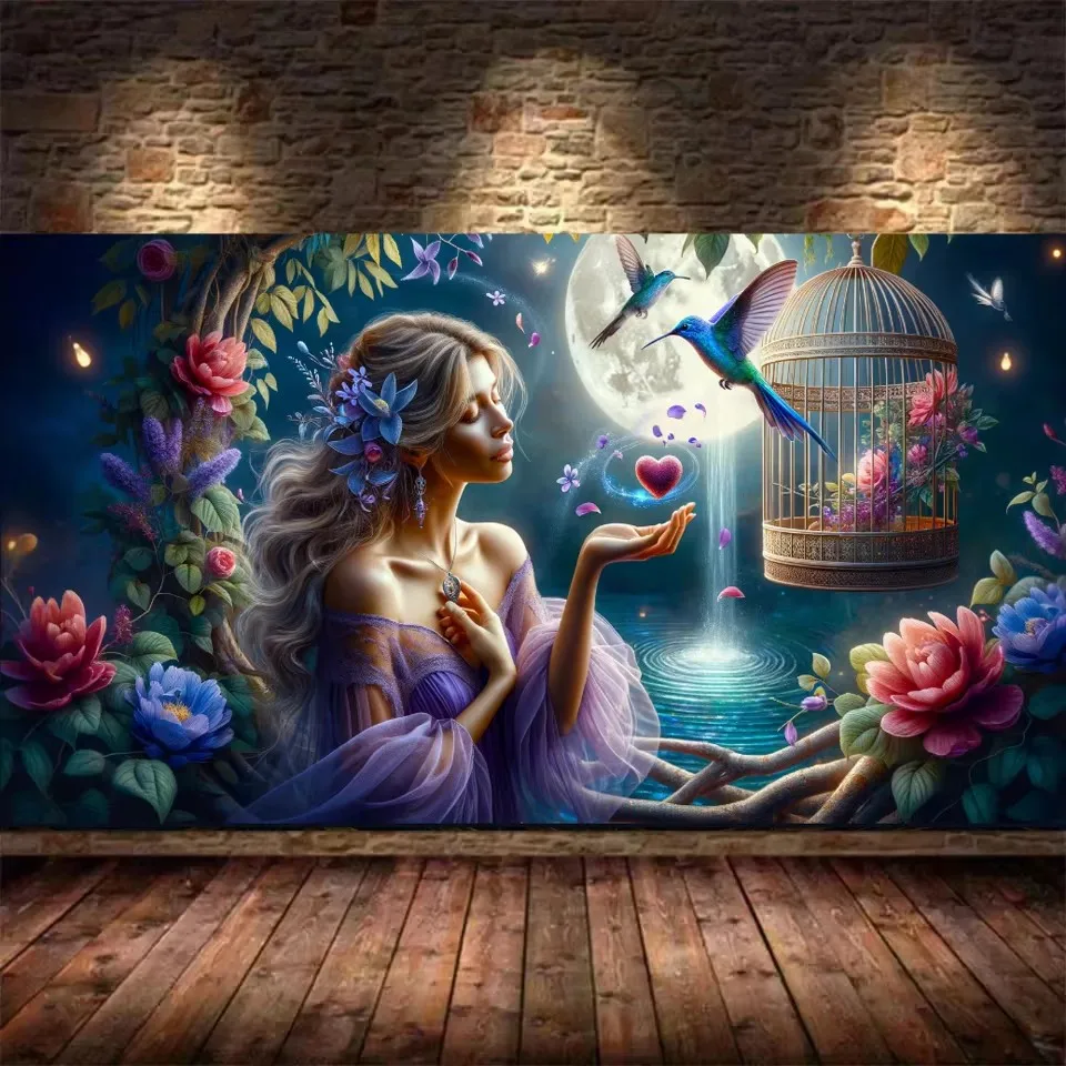 Ethereal Woman With Blonde Hair, Moon,Hummingbird 5D Diamond Painting Kits Large Size Full Diamond Embroidery Cross Stitch Kits