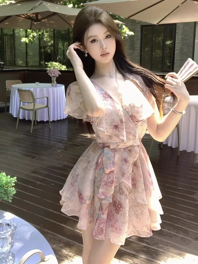 Topanoma Cocktail Mini Dresses Women Floral Printed Chiffon Sexy Elegant Slim Bandage Evening Dress Birthday Party Sweet Banquet