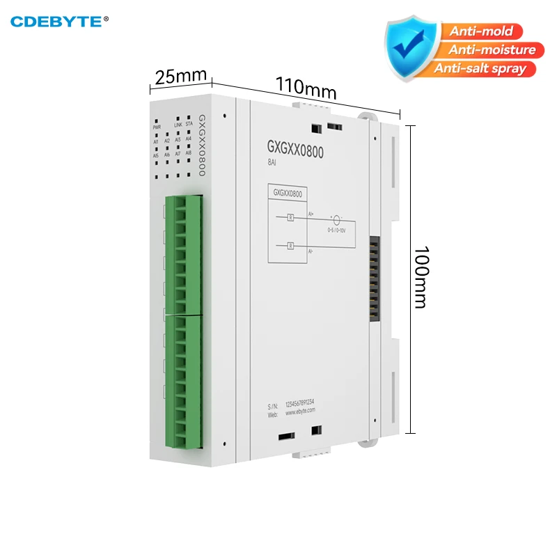 

8AI Differential Voltage Remote IO Expansion Module RS485 Ethernet CDEBYTE GXGXX0800 Modbus DC 9-36V Work only with Host