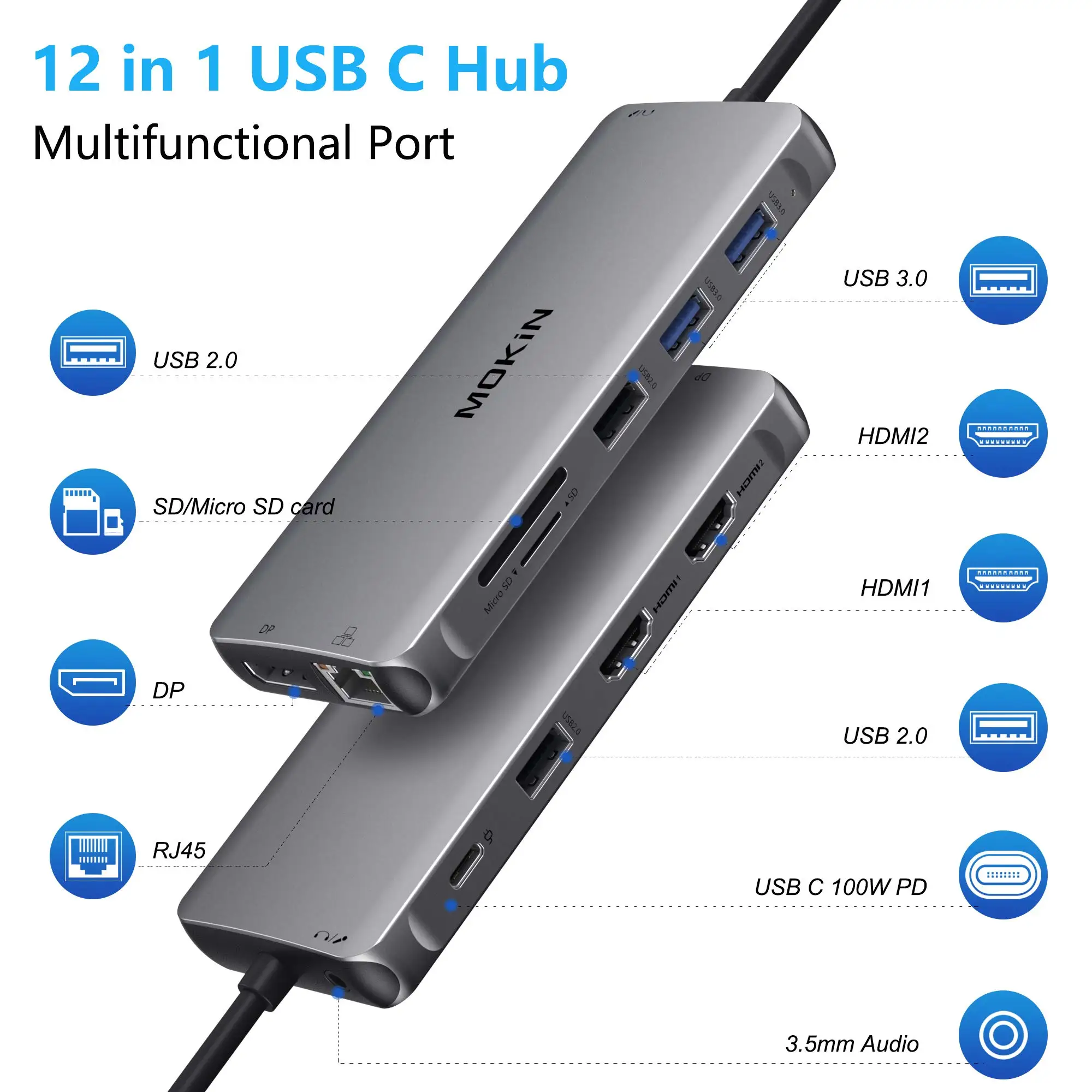 Imagem -02 - Mokn-usb c Adaptador Hub para Macbook Pro Air Mac Docking Station Monitor Duplo Hdmi Dongle Dock 12 em 1