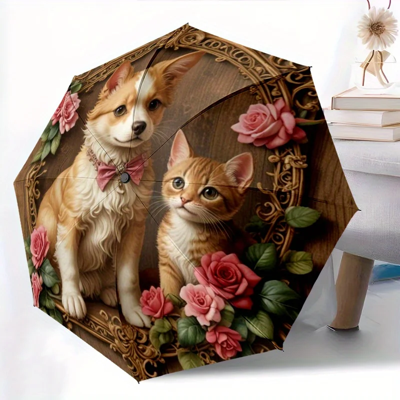 

1pc Automatic Open/Close Umbrella with Chihuahua & Kitten - Cute Puppy & Kitten Floral design, Sturdy Iron Frame, Compact Fold