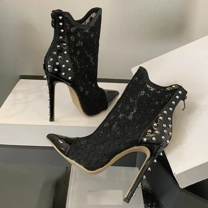

Women's Pointed Toe Patent Leather and Lace Patchwork Side Rivet Studded Decor Thin Stiletto Heel Ankle Boots Sexy Footwear