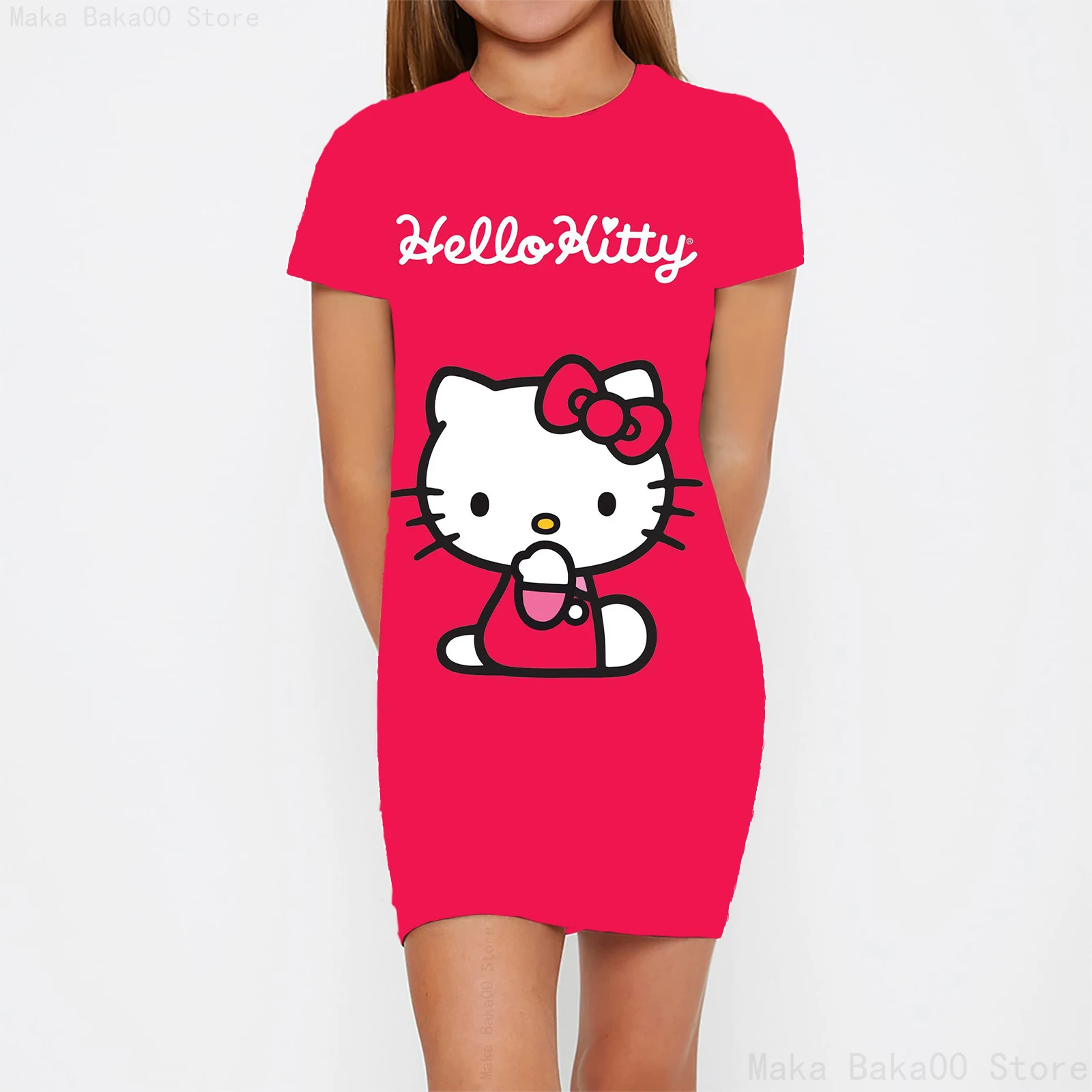 Hello Kitty Cartoon Girls Clothing Summer Casual Cute Bodycon Dress Round Neck Printed Short Sleeve Dress 3-14 Years Old