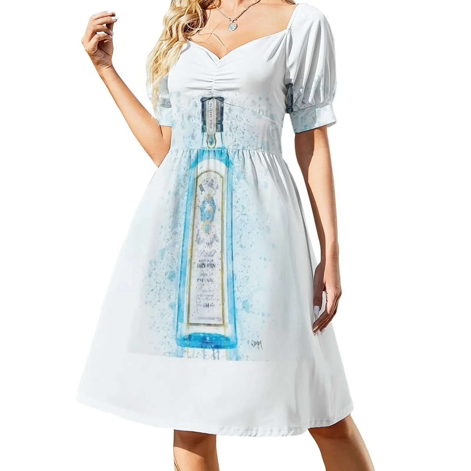

Bombay Blue Gin Bottle Short-Sleeved Dress elegant chic women dresses promotion luxury woman party dress long dress women summer