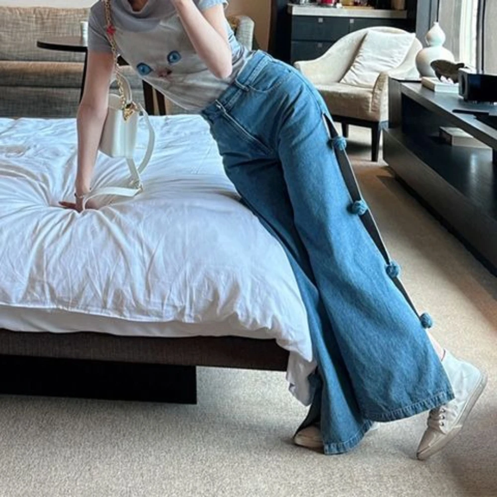Trendy Hollow Out Design Women Jeans High Waist Flared Trousers Handmade 3D Flowers Long Jeans Stylish Split Denim Pants