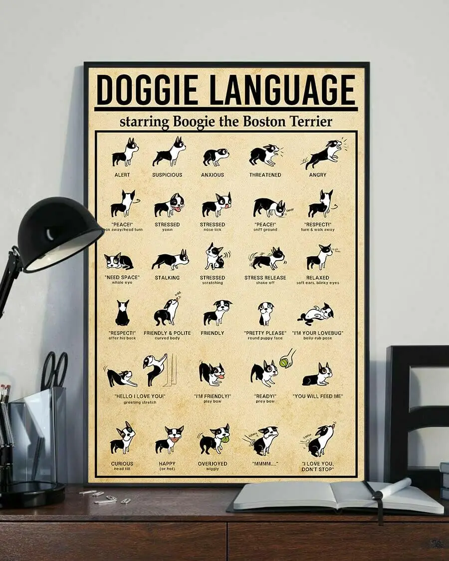 Metal Tin Retro Sign Doggie Language Starring Boogie The Boston Terrier Funny Dog Poster Vintage Metal Tin Signs Home Bar S sign