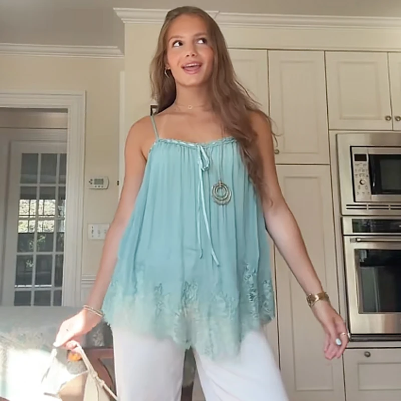 HXAO Damen Sommer 2026 Locker sitzendes Spitzen-Top mit Schleife, ärmellos, rückenfrei, mit Spaghettiträgern, Strandtop – Detail 10