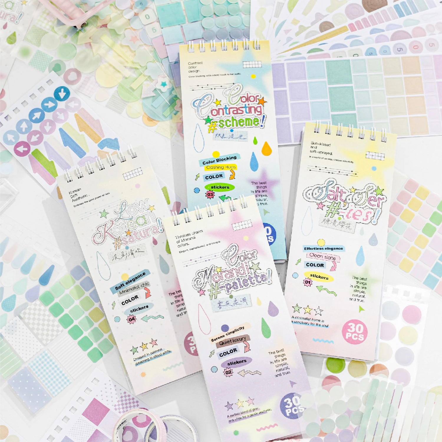 30Pcs Pastel Color Block PET Sticker Book, Morandi Geometric Dot Arrow Grid Clear Decals for Journal Label Collage