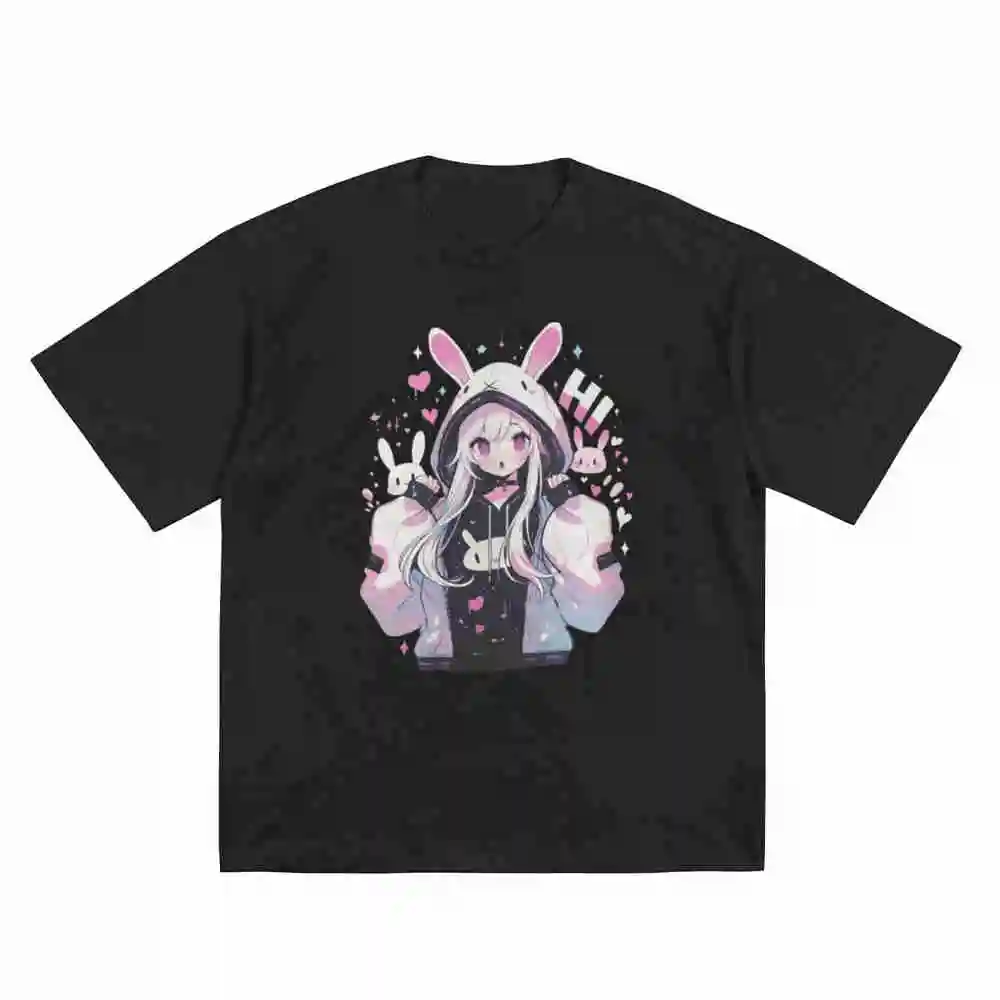 Pastel Goth Bunny Anime Harajuku Streetwear Japanese Streetwear Grunge Aesthetic Super Cute Anime Girl Short Sleeve Tee 100% Cot