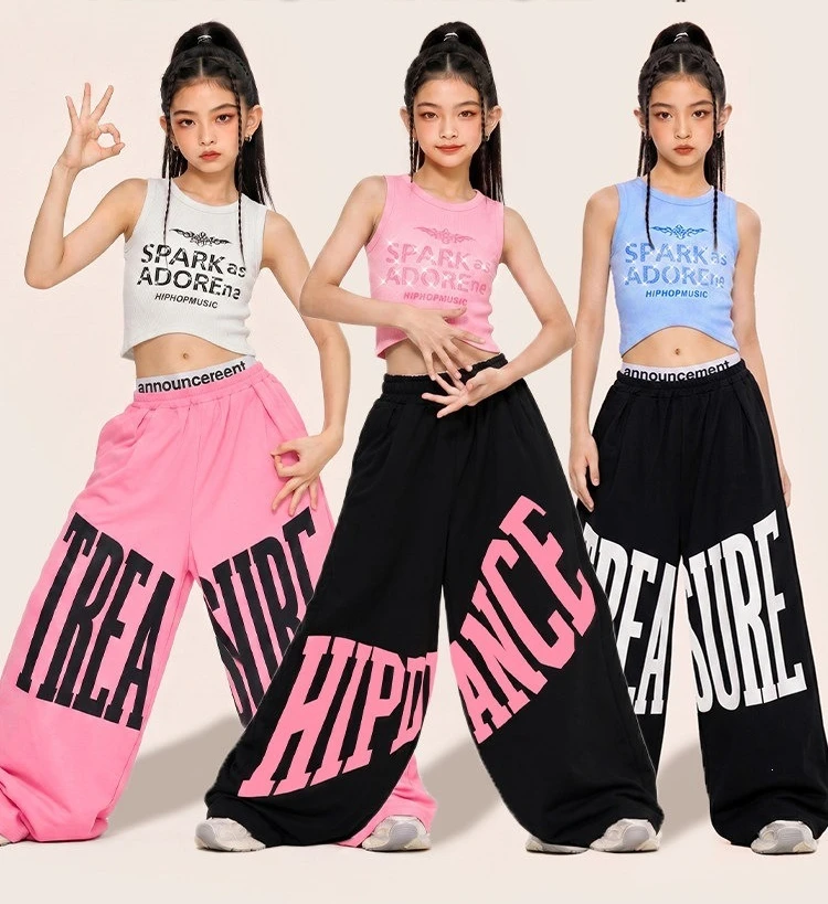 Girls K-pop Rhinestone Crop Top Lovely Letters Sport Pants Children Streetwear Clothes Sets Kids Hip Hop Girl Group Jazz Costume