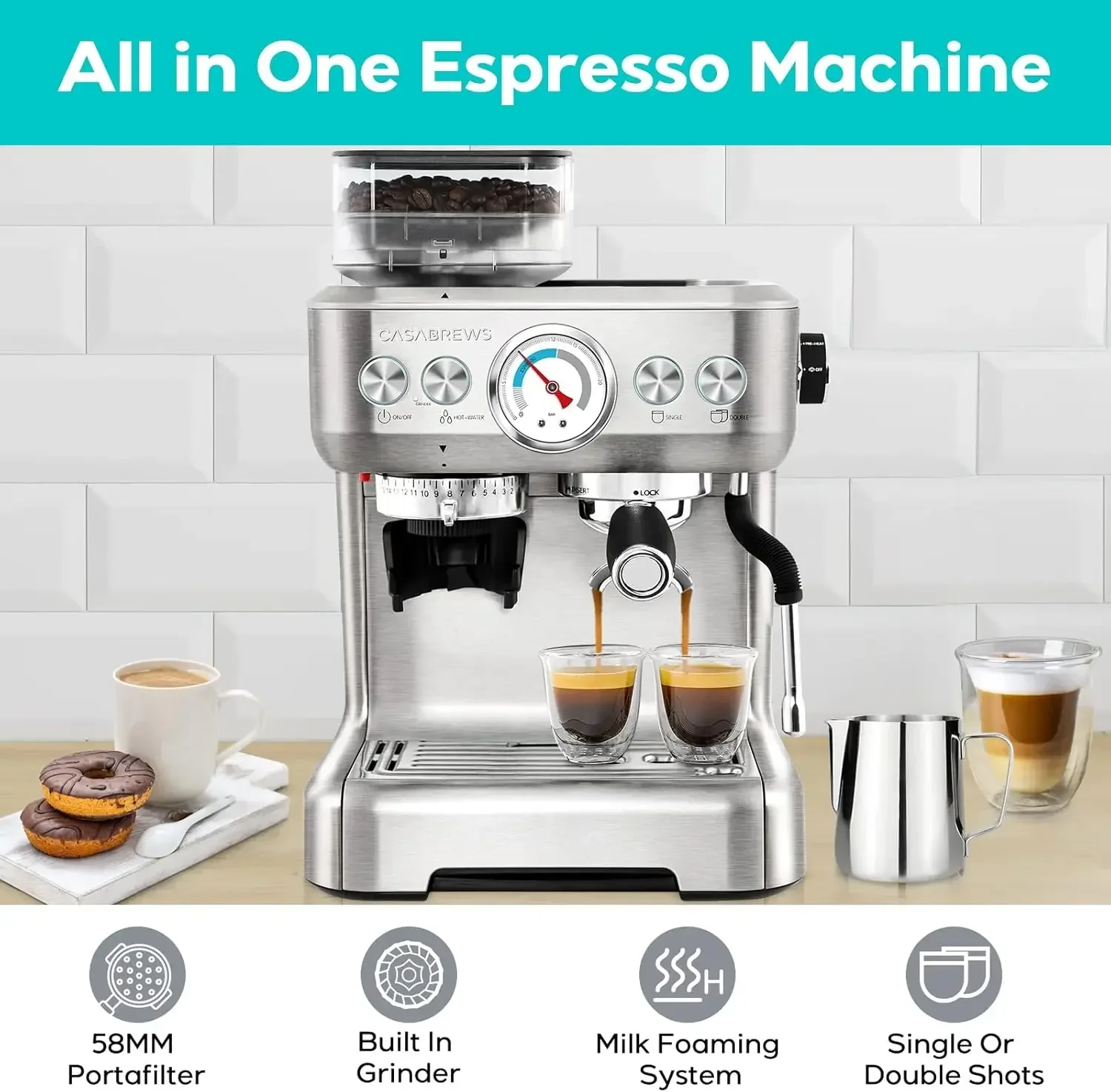 Máquina de café expresso casabrews com moedor, máquina de café expresso profissional com varinha de vapor de espuma de leite, máquina de café com leite barista