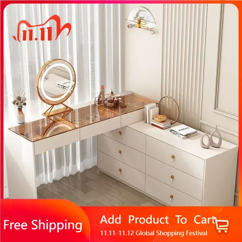 

Elegant White Dressing Table Bedroom Makeup Led Mirror Storage Women Vanity Table Jewelry Aesthetic Penteadeira Trendy Furniture