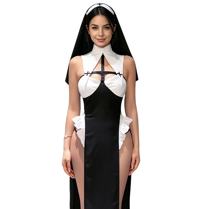 New Women's Sexy Hollow Out Roleplay Nun Lingerie Dress Adult Lady Halloween Naugty Party Cosplay Sister Costumes Nude Nightwear