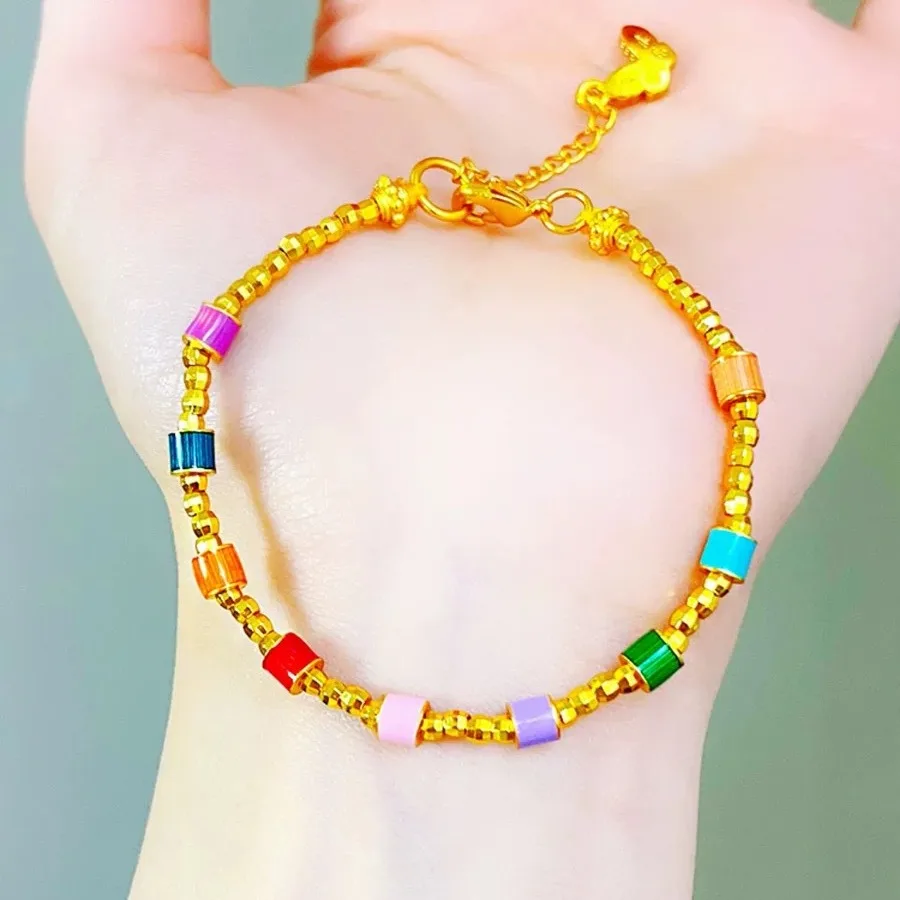 Pryna Jewelry   New Chinese 9999 24K real gold burnt blue enamel Bundy Bead Rainbow bracelet diy female transfer bead bracelet g