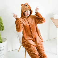 Lovely Brown Sloth Bear Button Onesie Couple Sleepwear Hooded Flannel One-piece pajamas  Comfortable Leisure wear Women