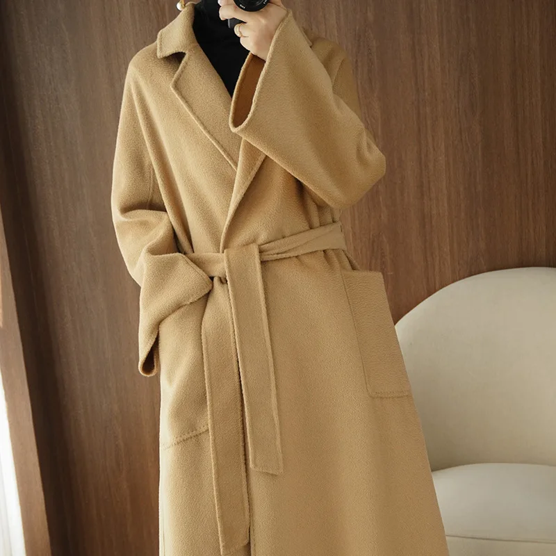 Autumn winter new double-sided wool coat women\'s water ripple coat women\'s high-end wool double-sided wool coat long