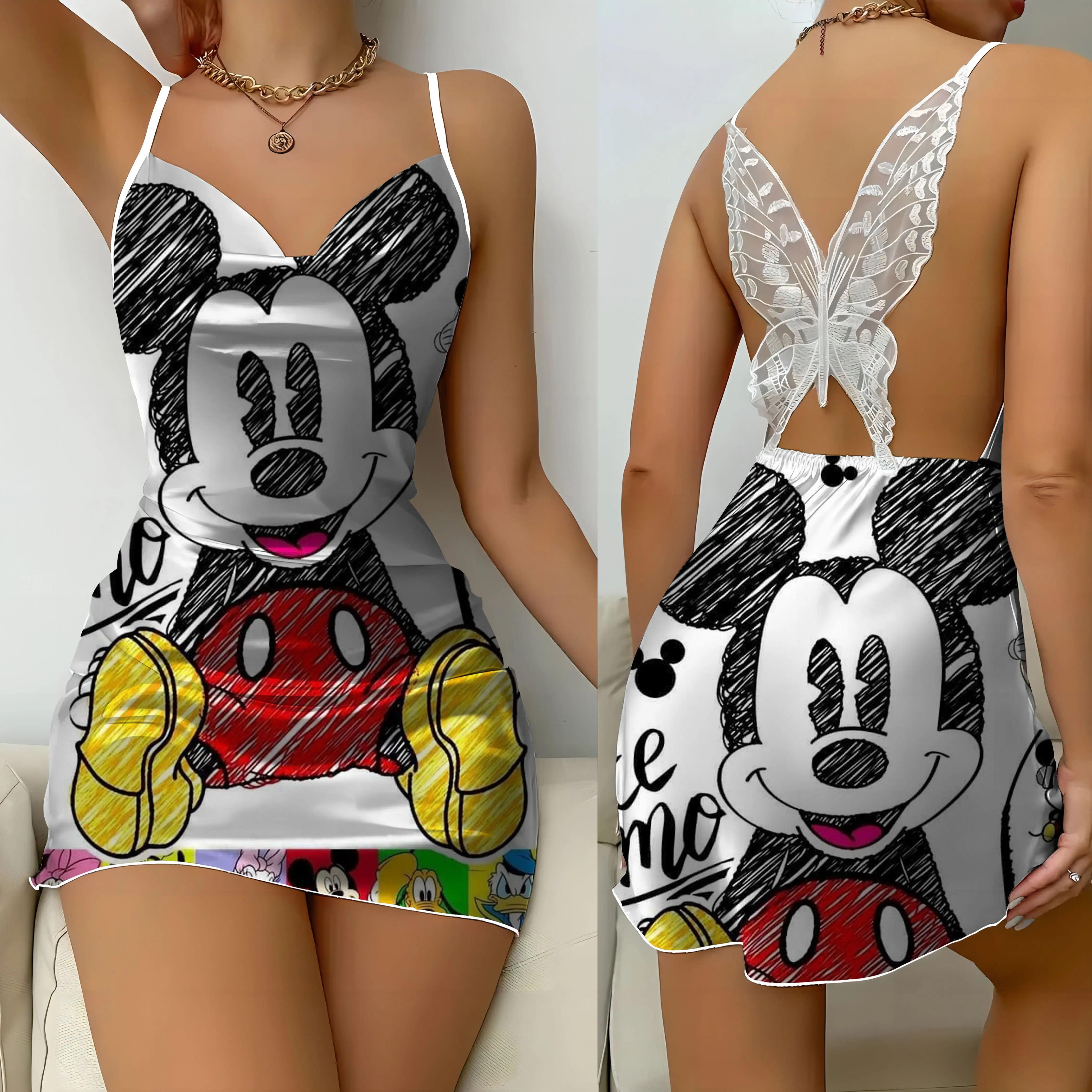 Party Dresses Pajama Skirt Lace Dress Mickey Minnie Mouse Disney Bow Knot Satin Surface Womens Fashion Summer 2024 Mini Sexy New