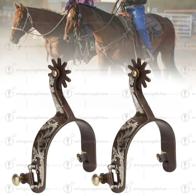 Western Horse Riding Spurs, 1 Pair Hand Carved Spurs with Silver Decorative Plate, Equestrian Tack Accessories