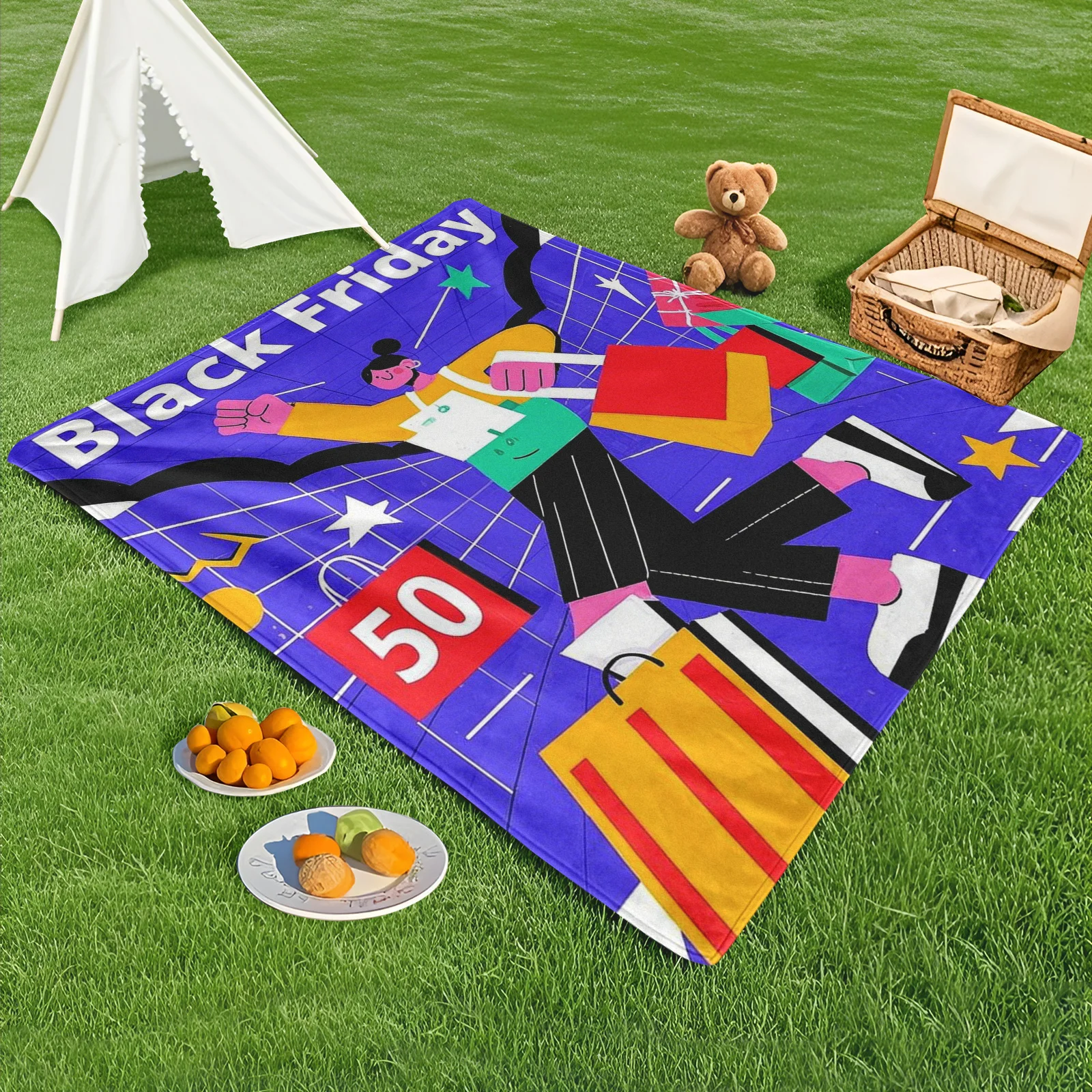 Cartoon Character With Shopping Bag Design Outdoor Blanket For Camping Picnic And Nature Adventures