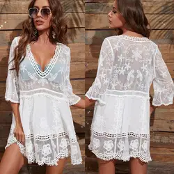 Conjunto de traje de baño de malla con cuello en V profundo para mujer, Vestido de manga corta de playa, ropa ahuecada de encaje, Sexy, Verano