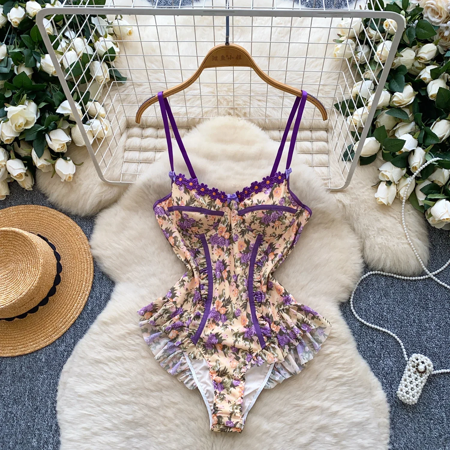 

Hotsweet Elegant ruffle print backless Vintage sleeveless Bodysuits Top Beach High Street summer Sexy Jumpsuit