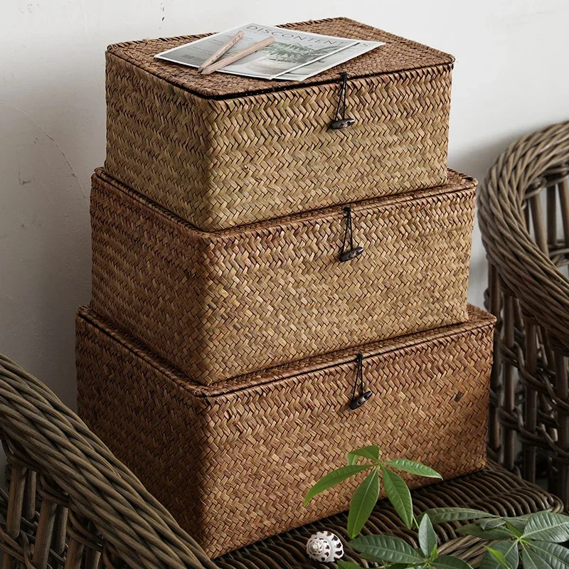 Handmade Seaweed  Basket with Lid Bath Towel Clothes Container  Sundries Organizer Natural Straw Desktop  Box Runner Canasta Gym