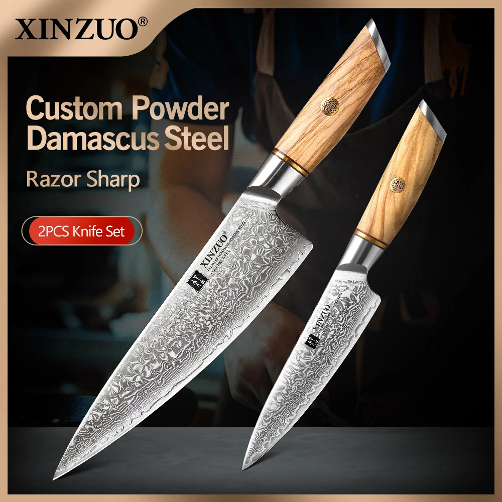 XINZUO 2pcs/Set Kitchen Knife Set 73 Layers Damascus Power Steel Professional Chef\'s Tools Meat Tools Olive Handle