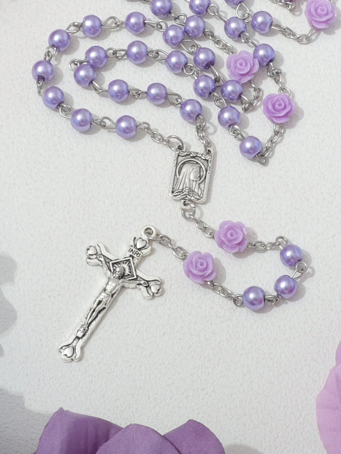 اللؤلؤ الديني العتيقة الأرجواني الصليب الوردية قلادة القلائد يسوع سانت بنديكت مطرز قلادة للرجال النساء المجوهرات #4