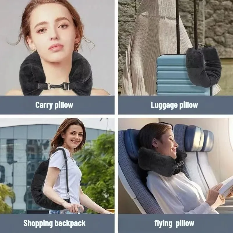 وسادة رقبة للسفر مع ملابس قابلة للتعبئة على شكل حرف U، حقيبة تخزين إضافية، غطاء وسادة رقبة مخملي للسفر على الطائرة