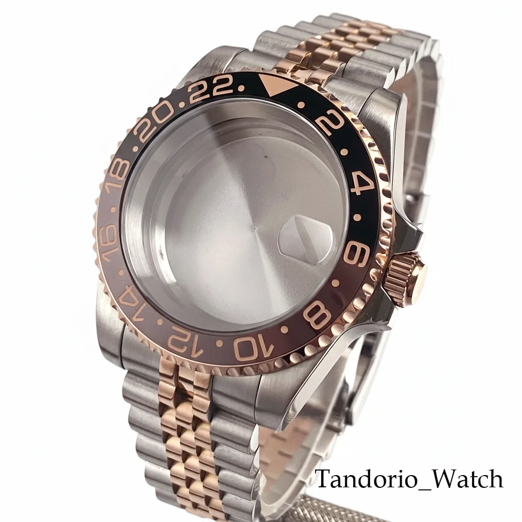 Tandorio 40MM Two Tone Rose Gold Men Watch Case For NH34 NH35 ETA 2824 PT5000 Miyota 8215 Sapphire Glass Diver Case Slide Buckle