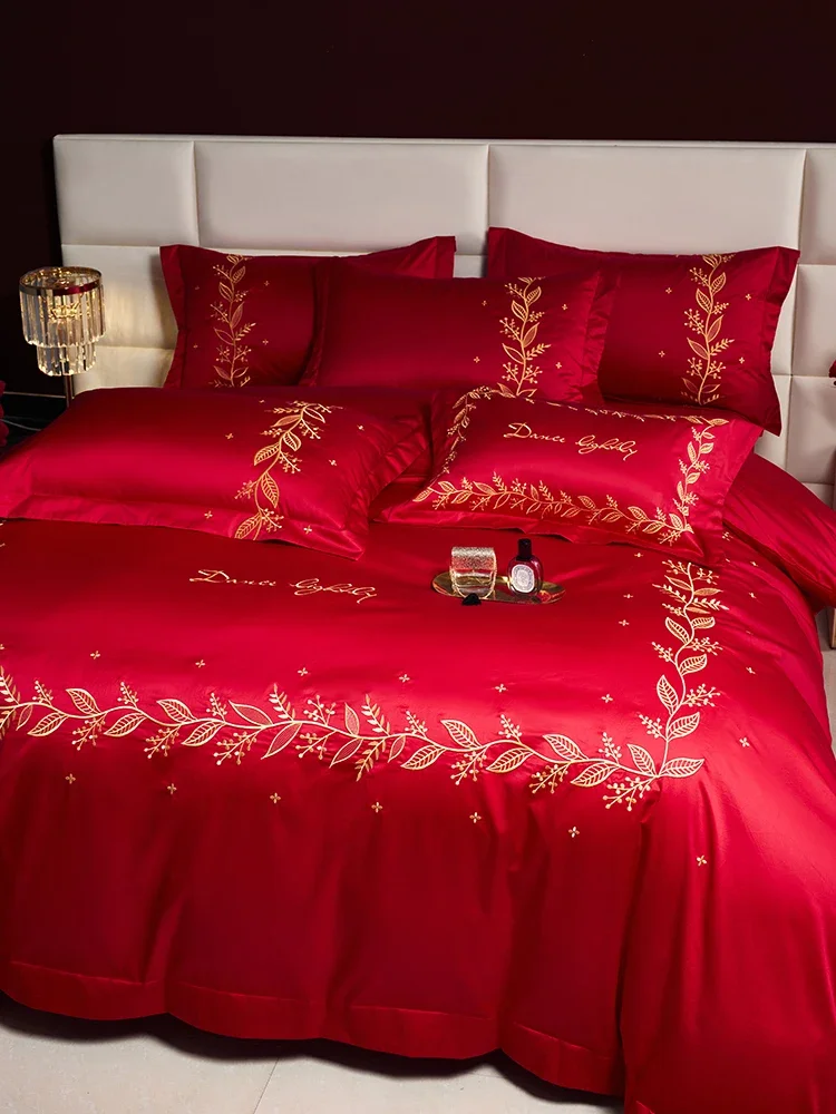 100S long staple cotton new wedding four piece duvet cover, big red gift, wedding dowry