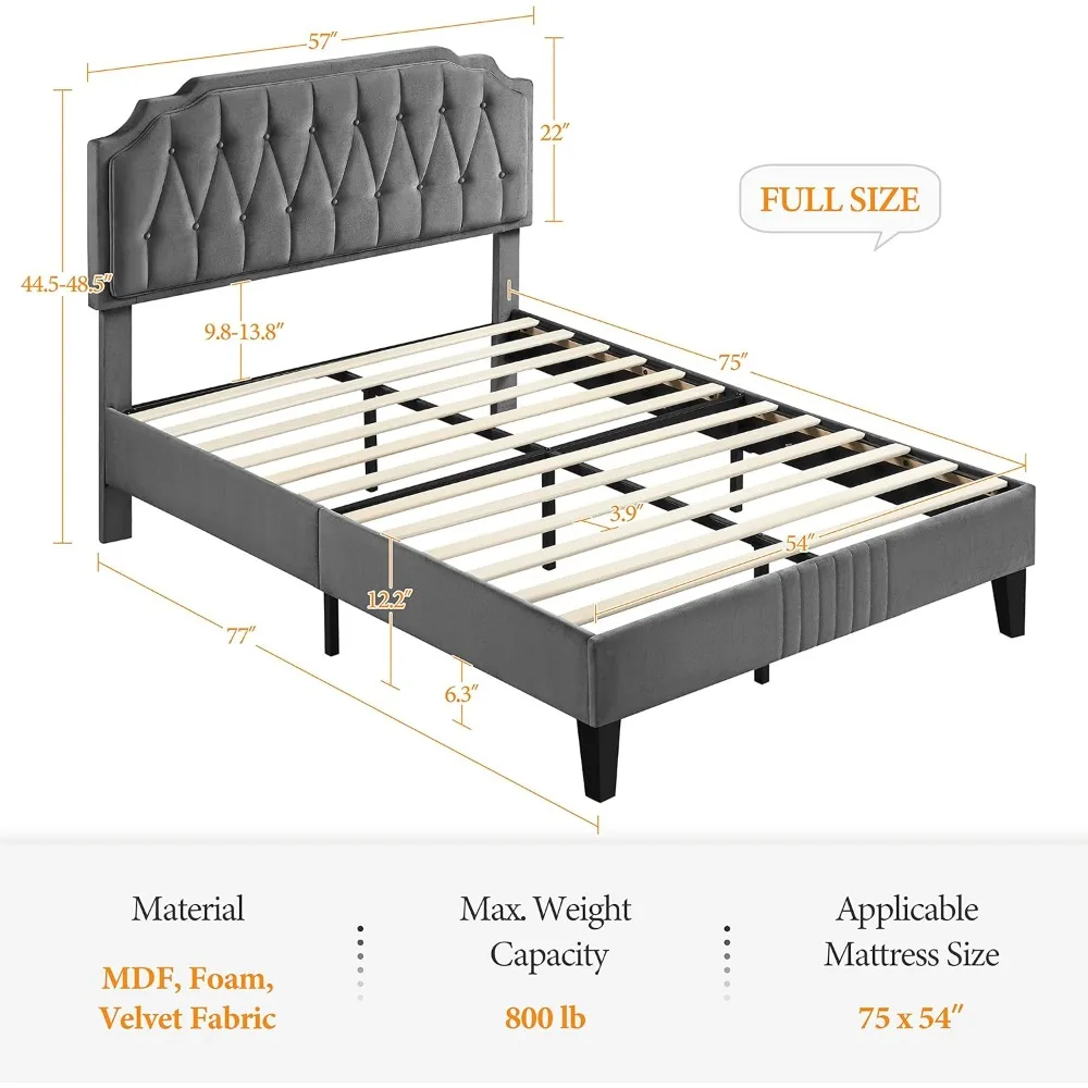 Cama con plataforma cubierta de terciopelo con cabecero curvo: estructura de cama de madera ajustable en altura y silenciosa