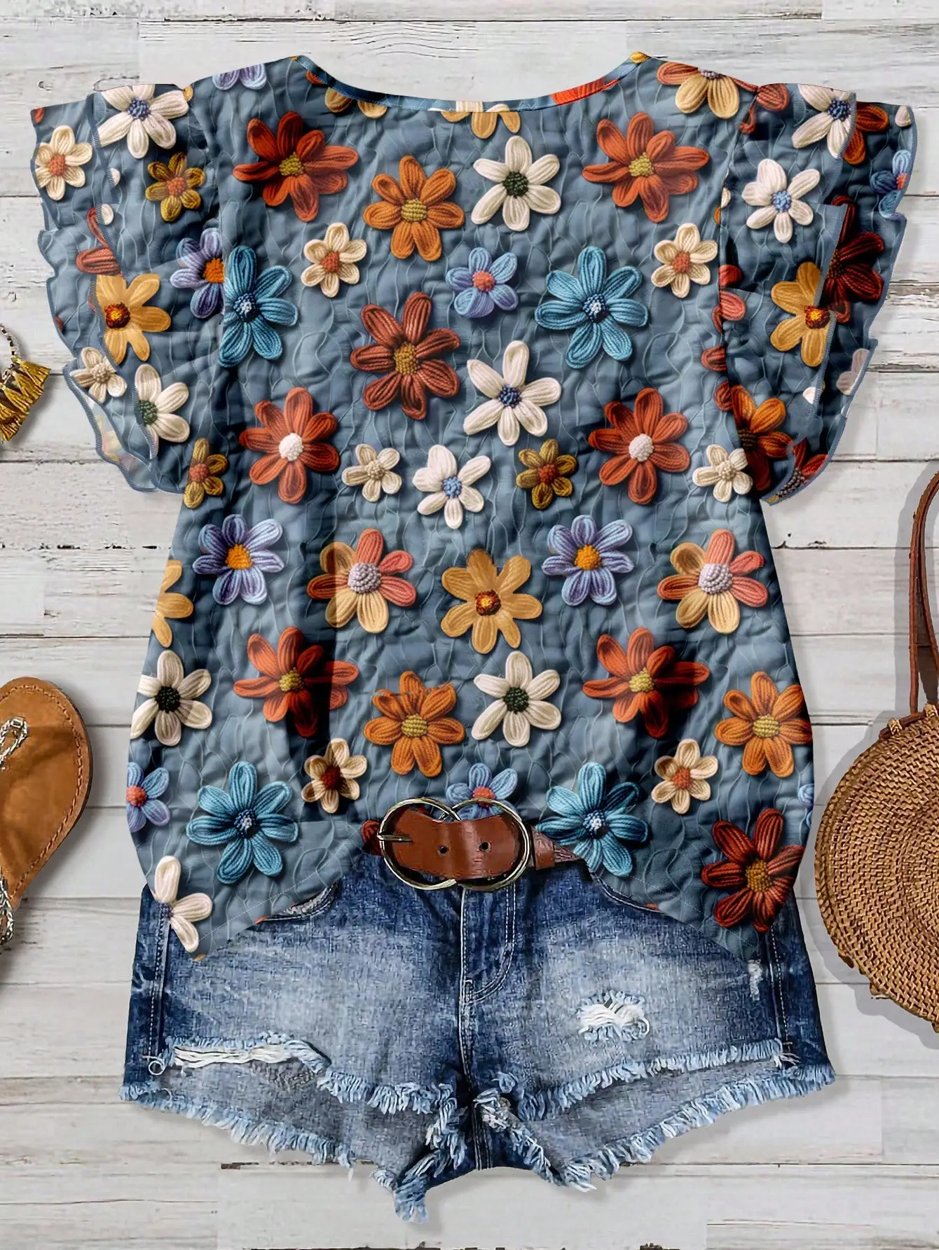 

Женская свободная блузка с цветочным принтом, летний повседневный топ с круглым вырезом и рукавами-крылышками