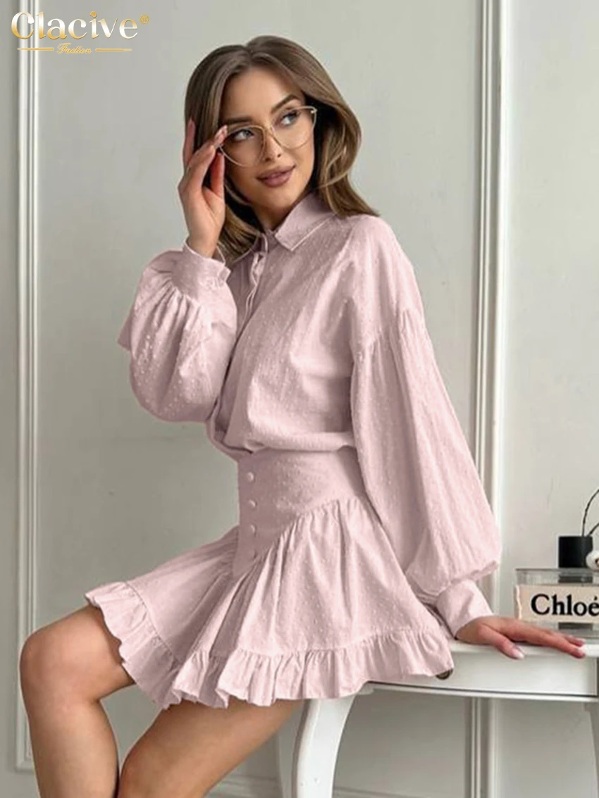 

Clacive Casual Loose Pink Cotton Women's Two Pieces Set 2025 Elegant Long Sleeve Shirt With High Waist Mini Skirt Set Female