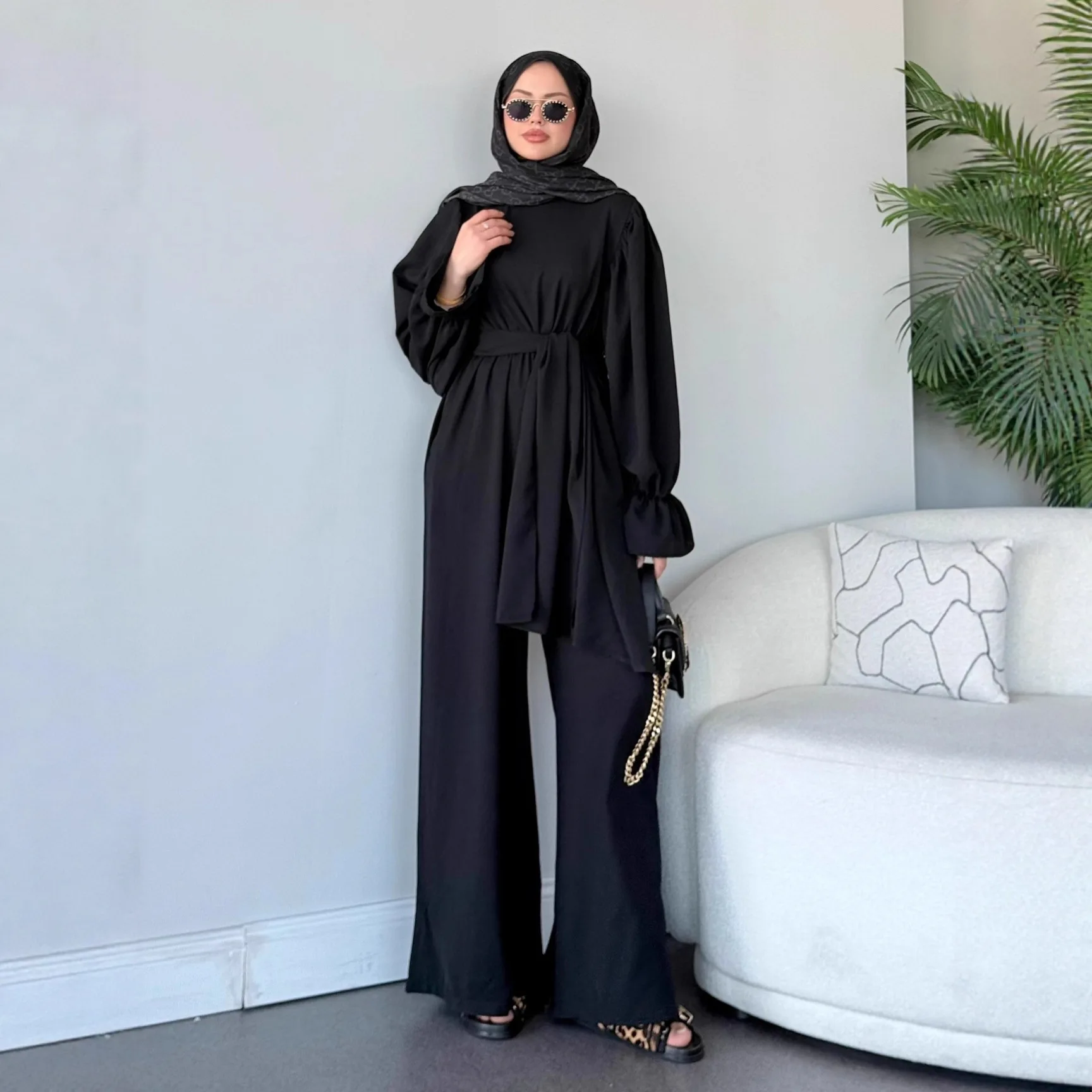 Top calças de perna larga terno feminino muçulmano 2 peça define eid topos calças rendas até dubai modesto conjunto marrocos ramadan outfits