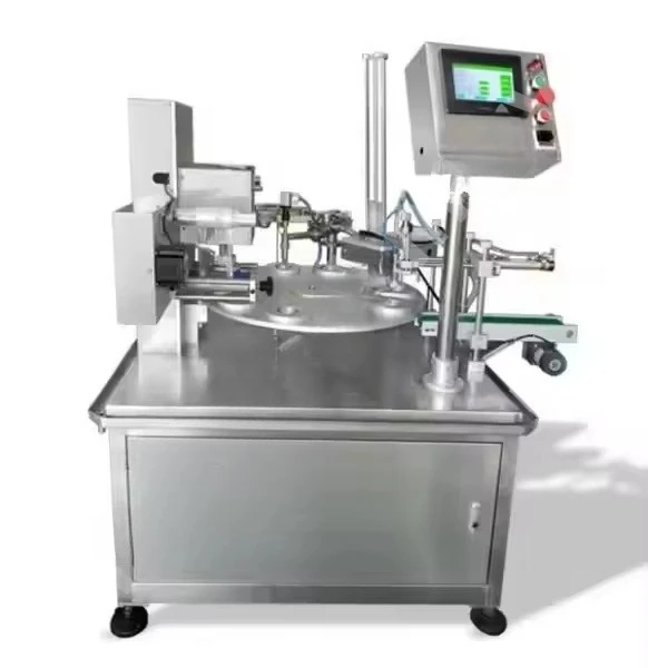 Automatic high-speed rotating plastic cup filling and sealing machine for liquid products in the beverage and food industry